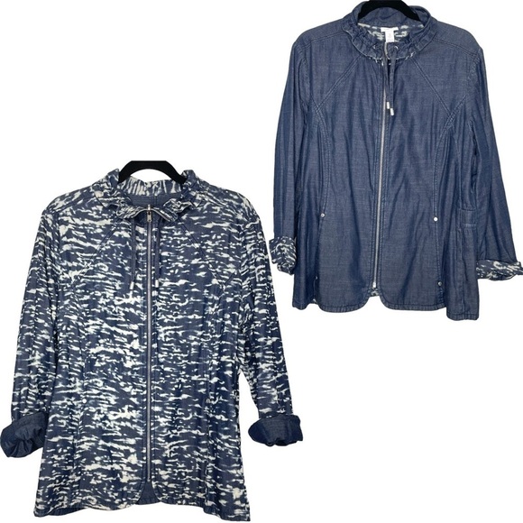 Chico’s Blue Chambray Zip Up Reversible Jacket Size 3 - Picture 1 of 11